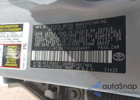 2012 Toyota Camry Le z USA, uszkodzony, nr VIN 4T1BF1FK3CU034691